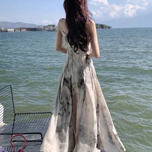 Pure Desire Elegant Ink Painting Strap Dress - Classy Summer French Style for Seaside