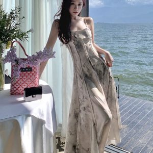 Pure Desire Elegant Ink Painting Strap Dress - Classy Summer French Style for Seaside