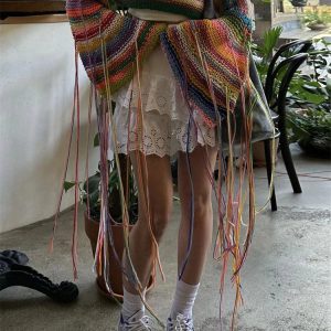 Rainbow Knitted Tassel Cover-Up for Swimwear - Loose Sexy Crop Pullover Sweater for Women