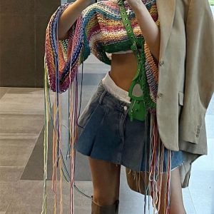 Rainbow Knitted Tassel Cover-Up for Swimwear - Loose Sexy Crop Pullover Sweater for Women