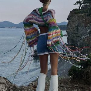 Rainbow Knitted Tassel Cover-Up for Swimwear - Loose Sexy Crop Pullover Sweater for Women