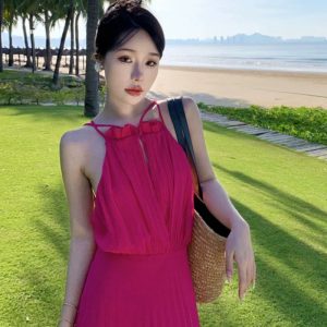 Red Chiffon Bare Back Dress - Elegant Y2K Seaside Vacation Skirt for Super Girls