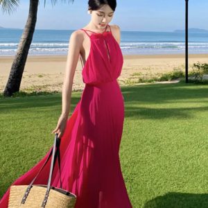 Red Chiffon Bare Back Dress - Elegant Y2K Seaside Vacation Skirt for Super Girls