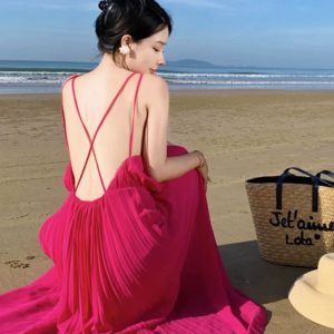 Red Chiffon Bare Back Dress - Elegant Y2K Seaside Vacation Skirt for Super Girls