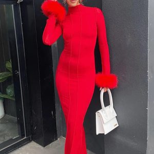 Red Feathers Y2K Aesthetic Summer Dress - Long Sleeve Backless Bodycon Maxi for Parties