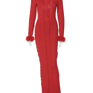 Red Feathers Y2K Aesthetic Summer Dress - Long Sleeve Backless Bodycon Maxi for Parties