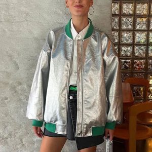 Reflective Silver PU Baseball Jacket for Women - Casual Long Sleeve Splice Coat 2023