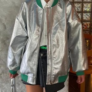 Reflective Silver PU Baseball Jacket for Women - Casual Long Sleeve Splice Coat 2023