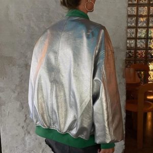 Reflective Silver PU Baseball Jacket for Women - Casual Long Sleeve Splice Coat 2023