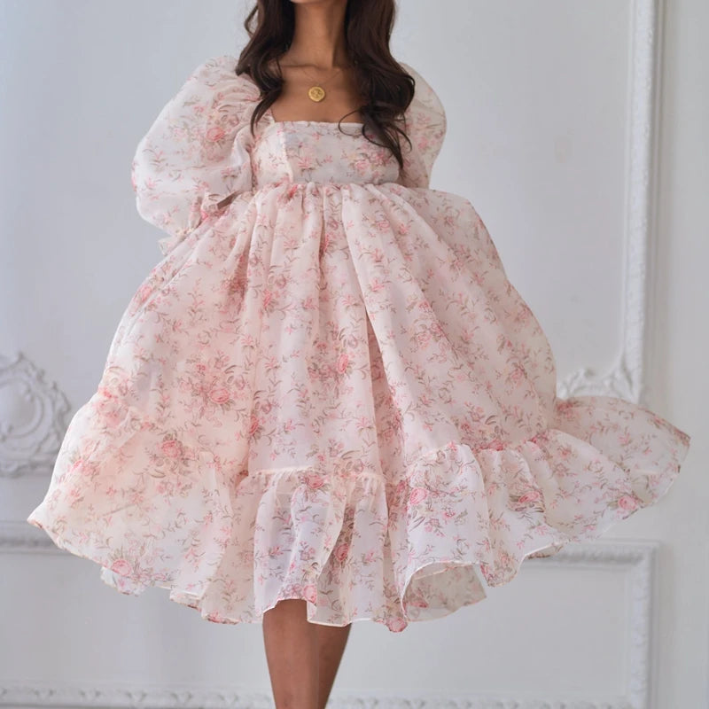 Renaissance Girl Floral Print Puff Dress - 90s Vintage Chic A-line Ruffles for Parties