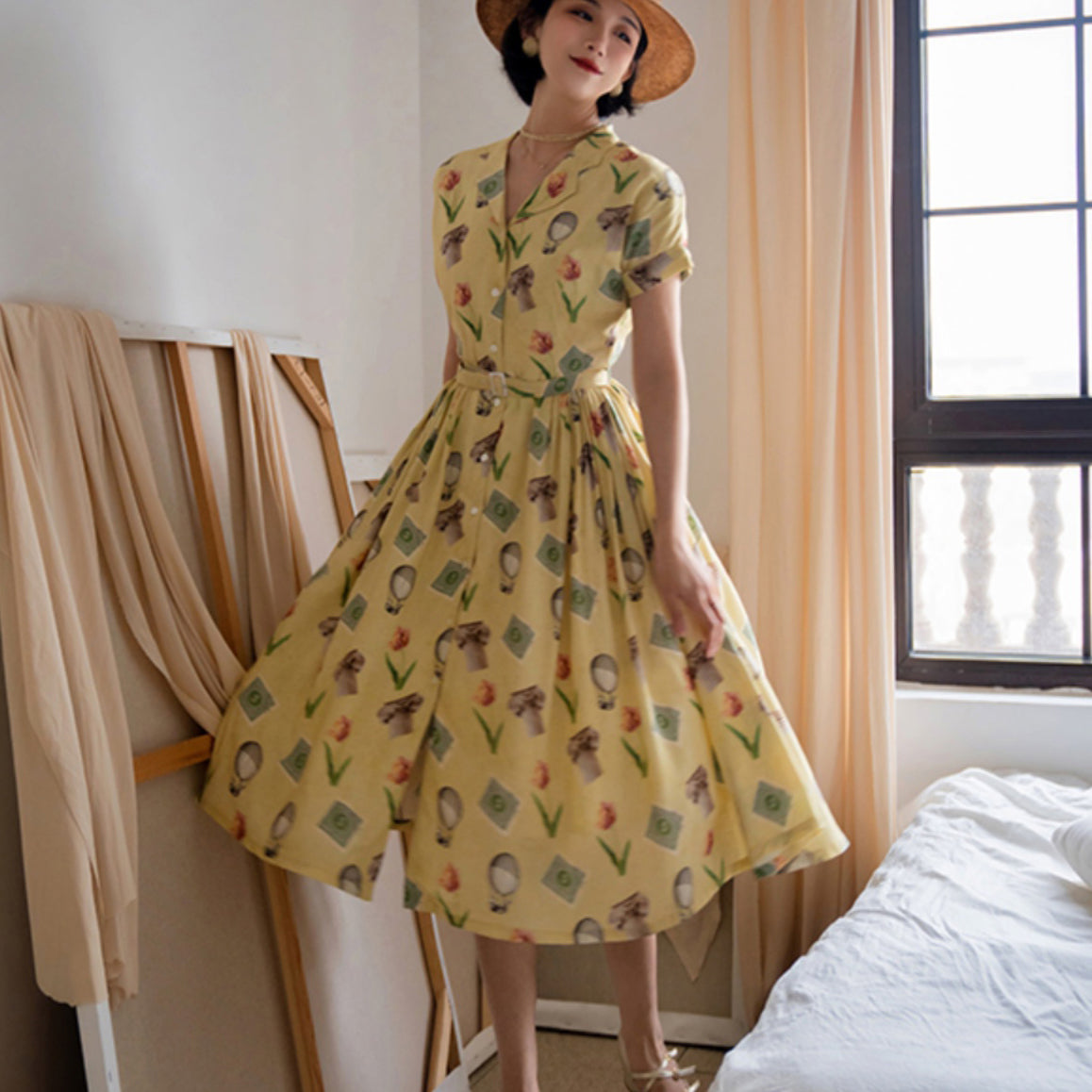 Retro Balloon Stamp Flower Dress - Y2K Aesthetic Floral Midi for Cute Outfits