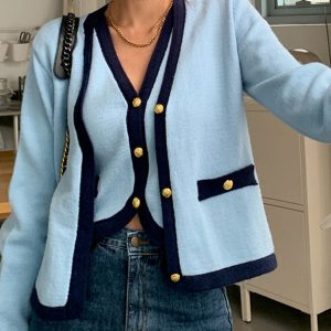 Retro Blue V-Neck Vest & Long-Sleeved Cardigan - Y2K Aesthetic Layering Essential