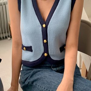 Retro Blue V-Neck Vest & Long-Sleeved Cardigan - Y2K Aesthetic Layering Essential