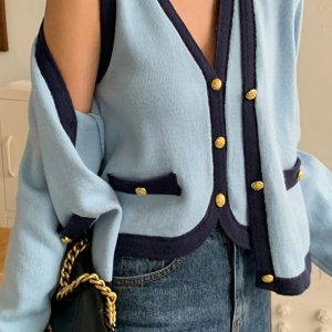 Retro Blue V-Neck Vest & Long-Sleeved Cardigan - Y2K Aesthetic Layering Essential