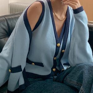 Retro Blue V-Neck Vest & Long-Sleeved Cardigan - Y2K Aesthetic Layering Essential