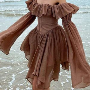 Retro Chic Brown Corset Off-Shoulder Pleated Summer Dress with Ruffles - Y2K Aesthetic Sundress