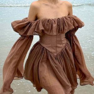 Retro Chic Brown Corset Off-Shoulder Pleated Summer Dress with Ruffles - Y2K Aesthetic Sundress