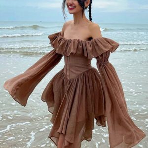 Retro Chic Brown Corset Off-Shoulder Pleated Summer Dress with Ruffles - Y2K Aesthetic Sundress