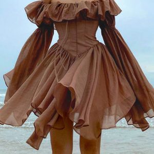 Retro Chic Brown Corset Off-Shoulder Pleated Summer Dress with Ruffles - Y2K Aesthetic Sundress