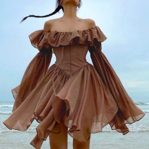 Retro Chic Brown Corset Off-Shoulder Pleated Summer Dress with Ruffles - Y2K Aesthetic Sundress