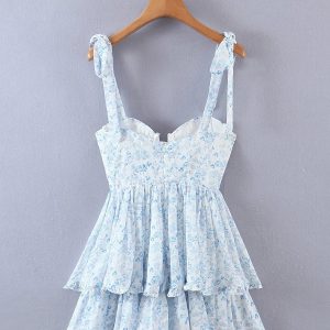 Retro Floral Print Chiffon Mini Dress with Slit V-Neck, Corset Tie Bow, and Ruffle Hem