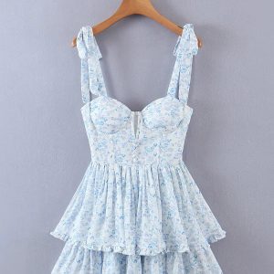 Retro Floral Print Chiffon Mini Dress with Slit V-Neck, Corset Tie Bow, and Ruffle Hem