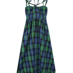 Retro Green Plaid Backless Slip Dress - Y2K Aesthetic Fashion for Trendy Outfits