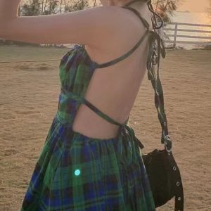 Retro Green Plaid Backless Slip Dress - Y2K Aesthetic Fashion for Trendy Outfits