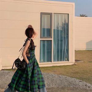 Retro Green Plaid Backless Slip Dress - Y2K Aesthetic Fashion for Trendy Outfits