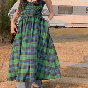 Retro Green Plaid Backless Slip Dress - Y2K Aesthetic Fashion for Trendy Outfits