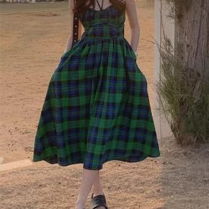 Retro Green Plaid Backless Slip Dress - Y2K Aesthetic Fashion for Trendy Outfits