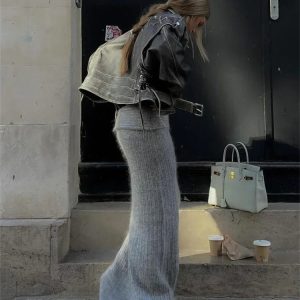 Retro Knitted High Waist Maxi Skirt for Women - Casual Loose Fall Aesthetic Skirt 2023