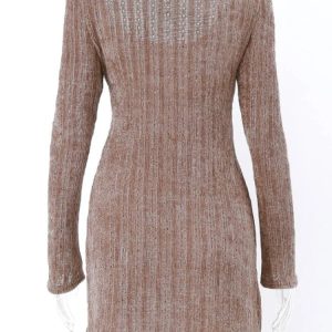 Retro Off-Shoulder Bodycon Mini Dress for Women - Elegant Long Sleeve Knitted Sheath Dress