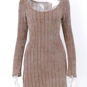 Retro Off-Shoulder Bodycon Mini Dress for Women - Elegant Long Sleeve Knitted Sheath Dress