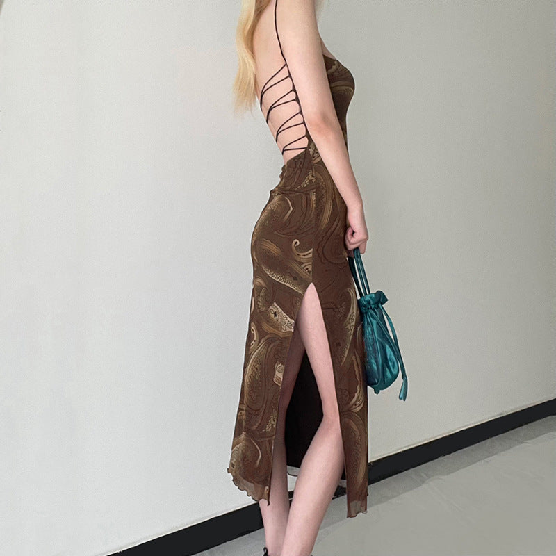 Retro Print Backless Sling Maxi Dress - Y2K Aesthetic Fashion for Effortless Style