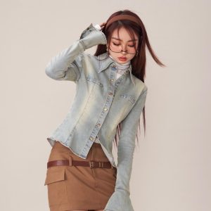 Retro Slim Waist Bell Sleeve Denim Top - Y2K Aesthetic Cute Top for Trendy Outfits