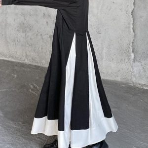 Retro Swing Dress with Black and White Stitching and Stand Collar - Y2K Aesthetic Fashion