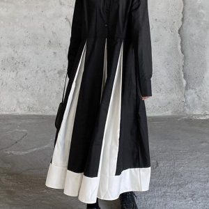 Retro Swing Dress with Black and White Stitching and Stand Collar - Y2K Aesthetic Fashion