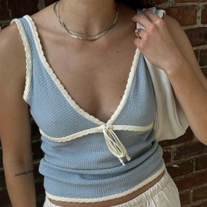 Retro Y2K Deep V Neck Crop Top with Ruffle and Tie-Up Bow - Vintage Backless Cute Tank 2024