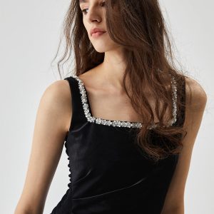 Rhinestone Beaded Trim Velvet Cami Midi Dress for Y2K Aesthetic and Coquette Style