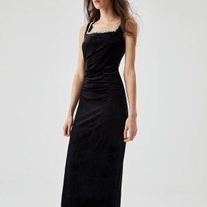 Rhinestone Beaded Trim Velvet Cami Midi Dress for Y2K Aesthetic and Coquette Style