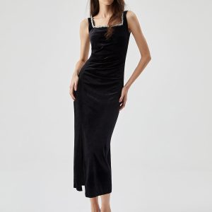 Rhinestone Beaded Trim Velvet Cami Midi Dress for Y2K Aesthetic and Coquette Style