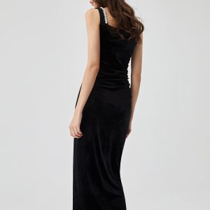 Rhinestone Beaded Trim Velvet Cami Midi Dress for Y2K Aesthetic and Coquette Style