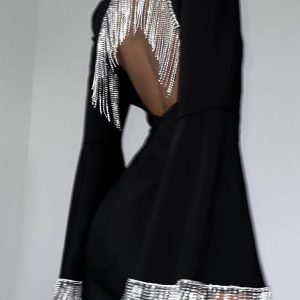 Rhinestone Fringe Backless Mini Dress for Y2K Aesthetic and Coquette Style Nights