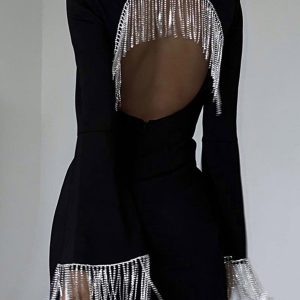 Rhinestone Fringe Backless Mini Dress for Y2K Aesthetic and Coquette Style Nights