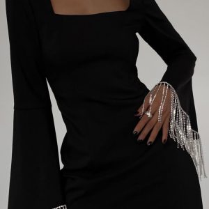 Rhinestone Fringe Backless Mini Dress for Y2K Aesthetic and Coquette Style Nights