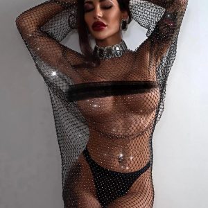 Rhinestone Mesh Mini Dress for Women - Summer Open Back Slit Fishnet Skirt for Beach Babes