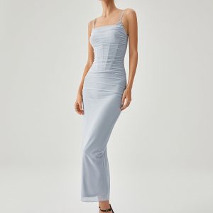 Ribbed Draped Slit Mesh Tank Dress - Y2K Aesthetic Fashion for Effortless Style