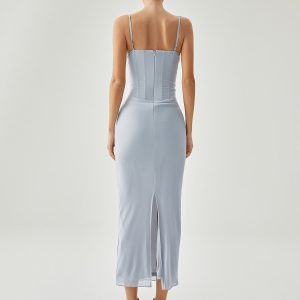 Ribbed Draped Slit Mesh Tank Dress - Y2K Aesthetic Fashion for Effortless Style