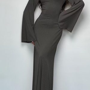 Ribbed Flare Sleeve Tie-Back Dress in Y2K Style for Coquette and Grunge Aesthetics